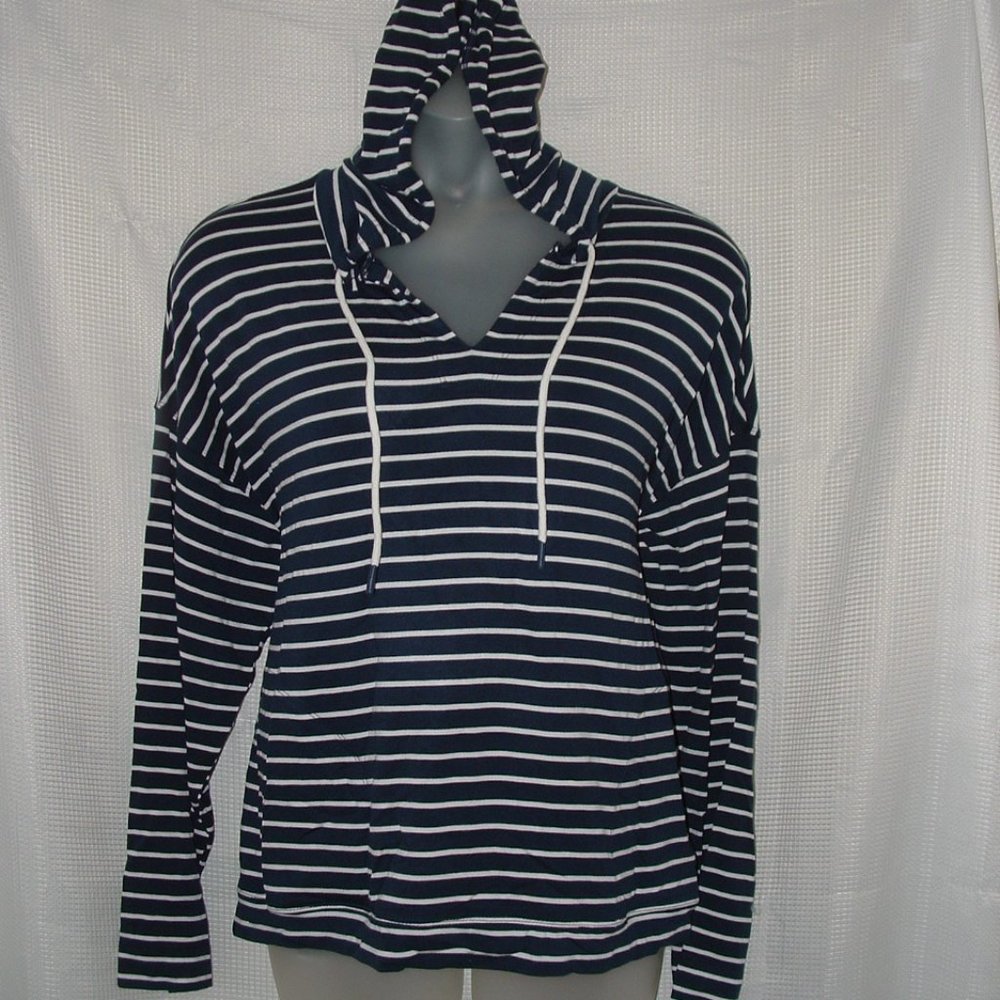 NEW Blue Striped Plus XXXL/22 Soft Stretchy Hooded Hoodie Shirt Side Pockets